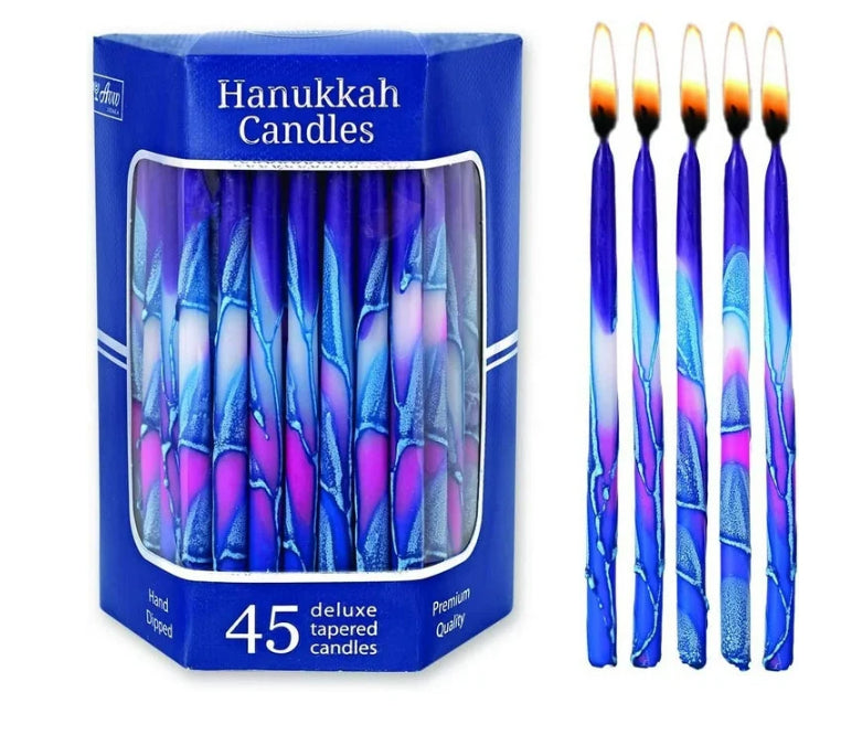 Blue and pink multi splash Chanukah candles