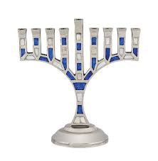 Modern blue and white jewelled menorah #10096