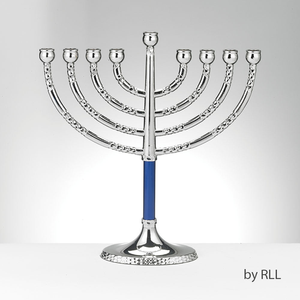 Classic elegance menorah with hammered blue accents